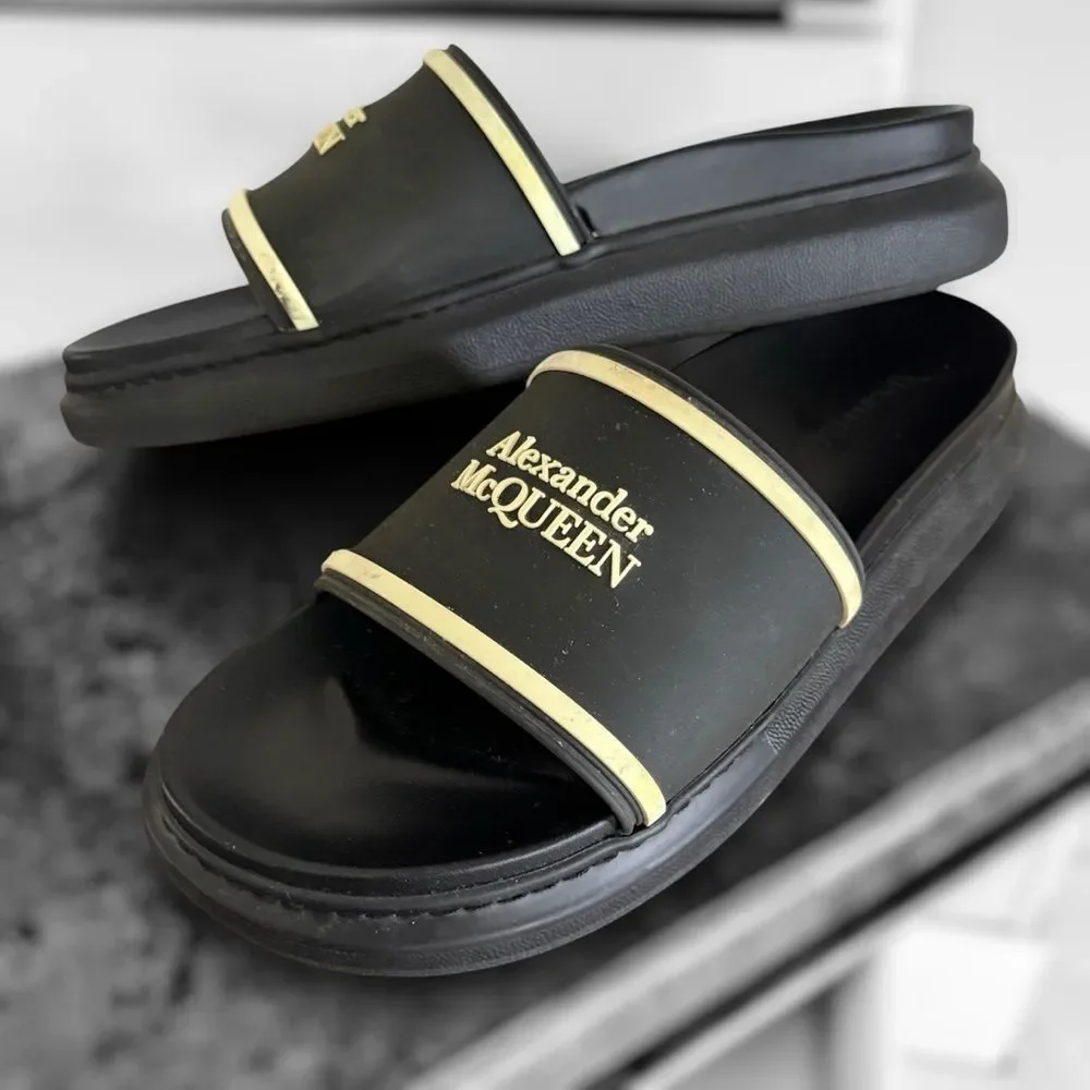 Alexander McQueen Black and Gold Slide Sandals